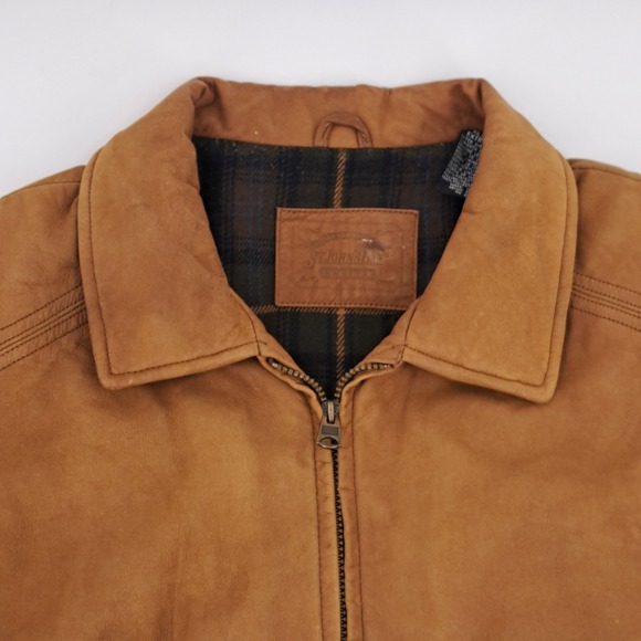 St. John's Bay Leather Bomber Jacket Mens XL Brown Genuine Leather Plaid Lined - Picture 5 of 13
